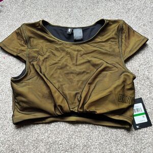 DKNY SWIM sz L Mesh Overlay Army Green Black Modest Cap Sleeve Crop Cumin‎